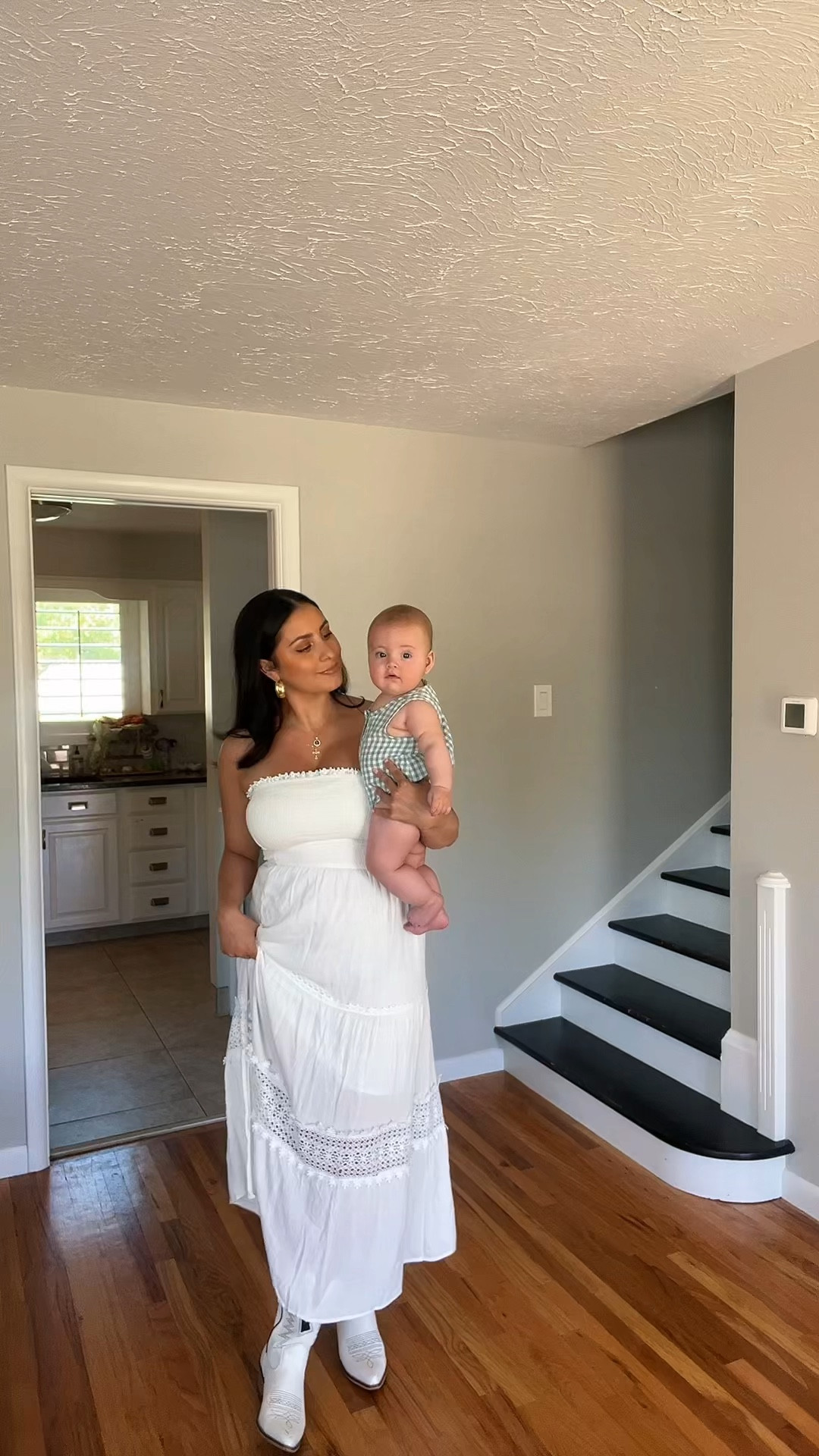 Dress- small
Cross necklace- amazon 
Earrings- amazon 
Cowboy boots- old (I’ll link similar) 