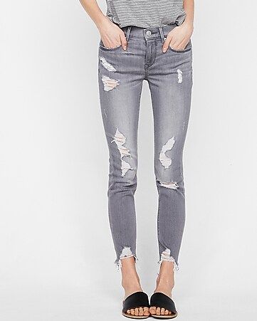 Mid Rise Gray Destroyed Stretch Ankle Jean Leggings | Express