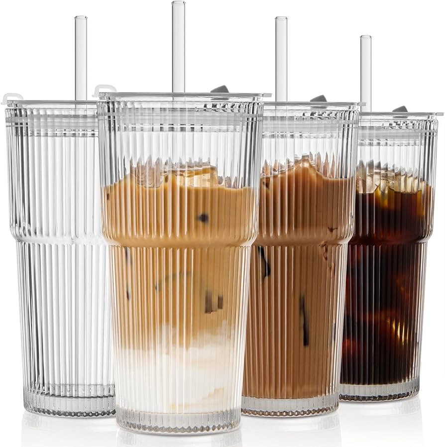 TUZAZO 20 Oz Ribbed Glass Tumblers with Lids and Straws - 4 Pack Reusable Glass Coffee Cups with ... | Amazon (US)