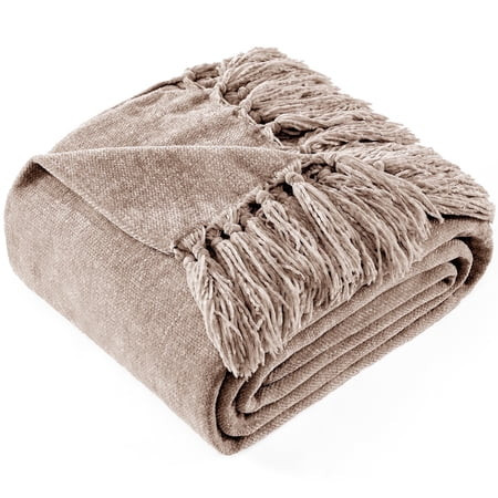 LONG CREATE Chenille Throw Blanket with Fringe Tassel for Couch Sofa Chair Bed, Taupe 50" x 60" | Walmart (US)