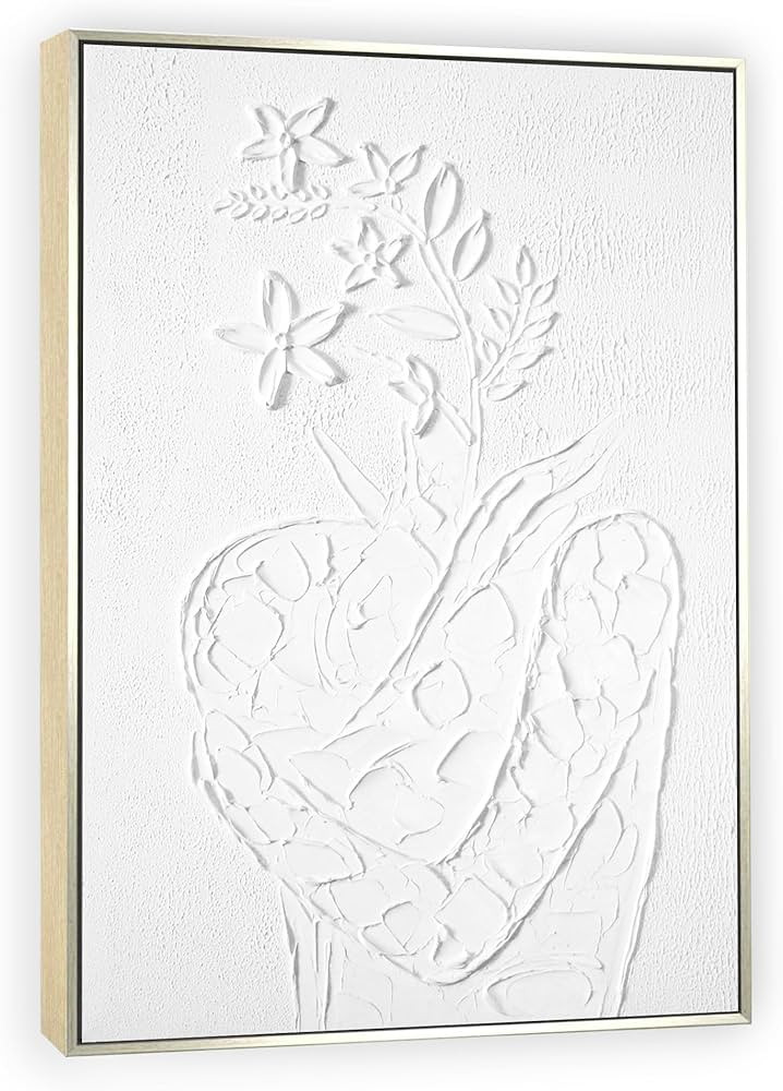 White Wabi-sabi Style Wall Art - Hand Painted Oil Painting 24x36 Canvas Gold Framed Women Floral ... | Amazon (US)