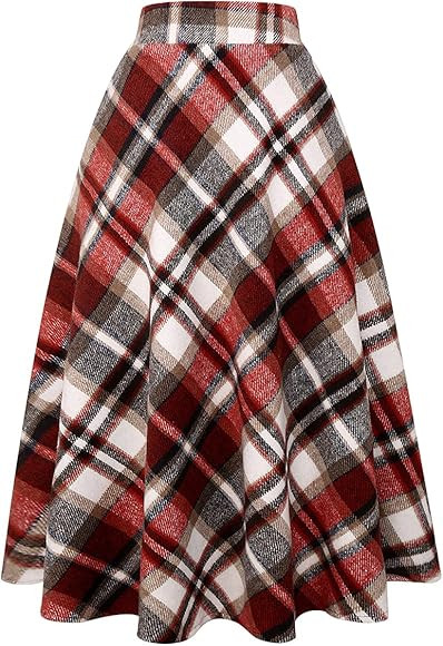IDEALSANXUN Womens Plaid Wool Skirts Elastic Waist A-Line Pleated Tartan Long Skirts | Amazon (US)