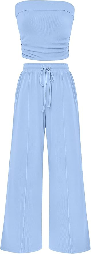 PRETTYGARDEN Womens Summer Outfits 2 Piece Sets Casual Ribbed Knit Crop Tube Top Wide Leg Pants S... | Amazon (US)
