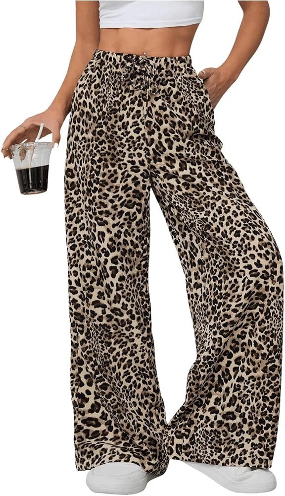 Floerns Women's Drawstring Waist Leopard Print Trousers Tie Front Wide Leg Pants | Amazon (US)