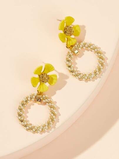 Floral Decor Faux Pearl Ring Drop Earrings 1pair | SHEIN