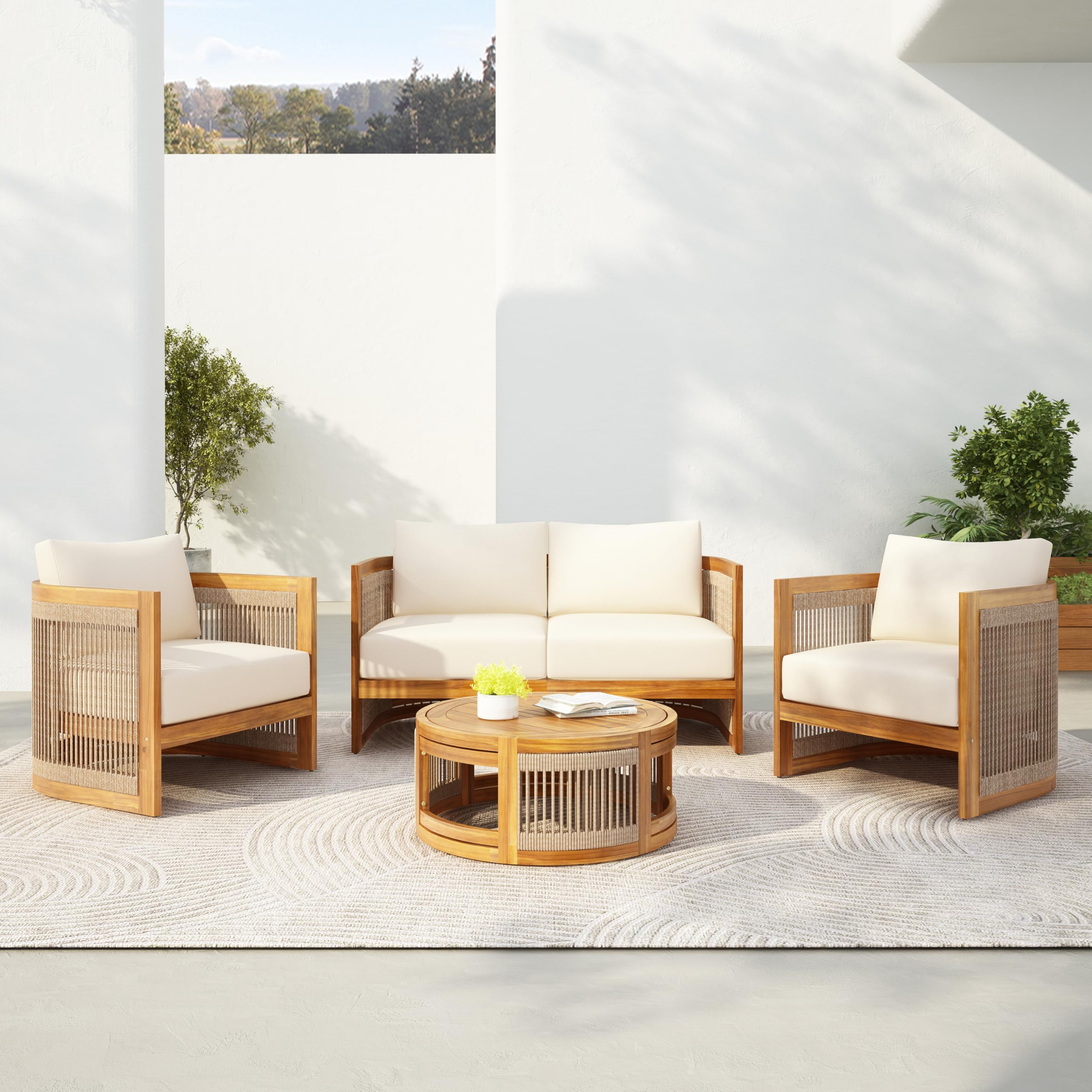 Christopher Knight Home Nesbit 4 Pieces Conversation Set, Acacia Wood Chat Set, Woven Rope Loveseat and Accent Chairs, Slat Panel Coffee Table, Patio Furniture Set for Backyard Balcony Garden, Beige | Amazon (US)