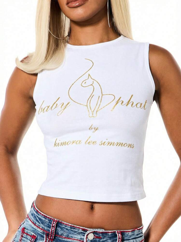 BABYPHAT Sleeveless Cropped Tank Top With Glitter Text Print Casual Summer Festival Top | SHEIN