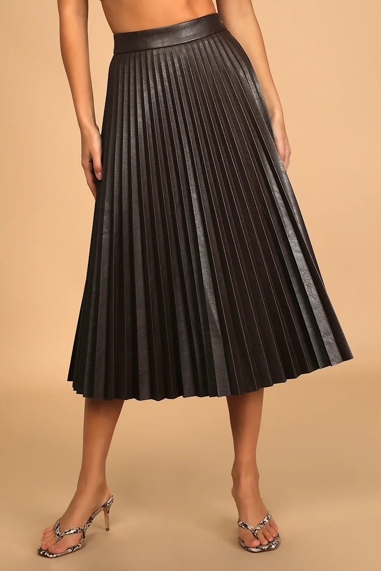 Go Time Dark Brown Vegan Leather Pleated Midi Skirt | Lulus (US)