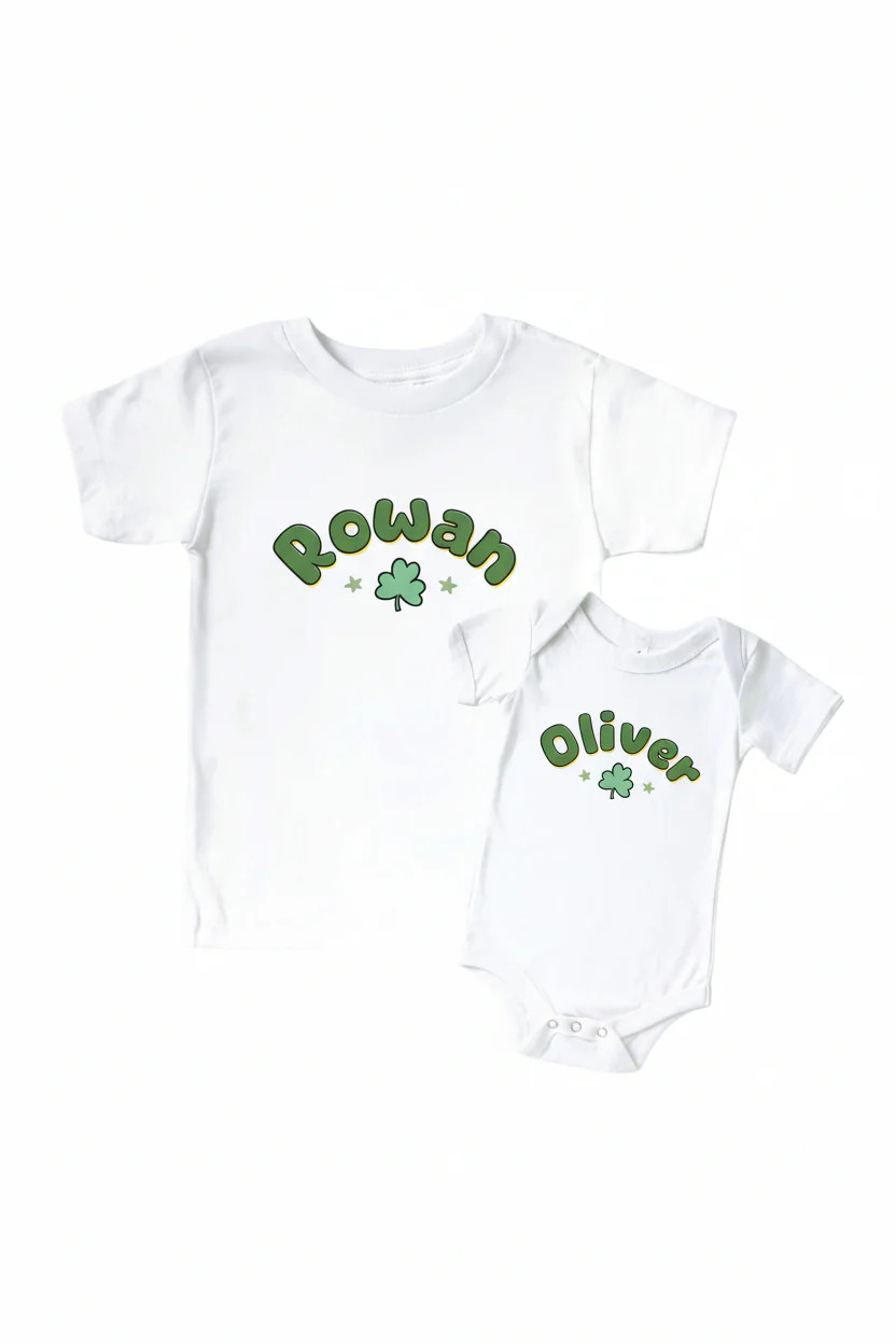Personalized Shamrock Sweets Graphic Bodysuit & Kids Tee | White | Caden Lane