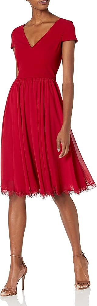Dress the Population Women's Corey Plunging Mix Media Cap Sleeve A-line Midi Dress | Amazon (US)
