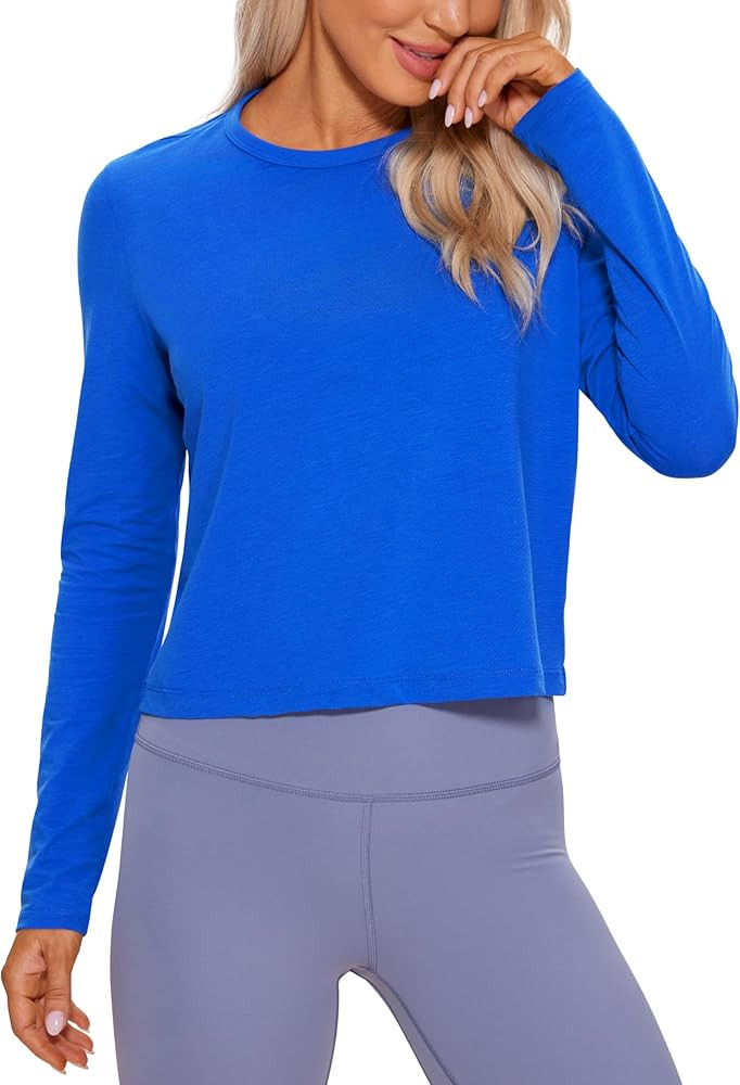 CRZ YOGA Pima Cotton Long Sleeve Workout Shirts for Women Loose Cropped Tops Athletic Sports T-Sh... | Amazon (US)