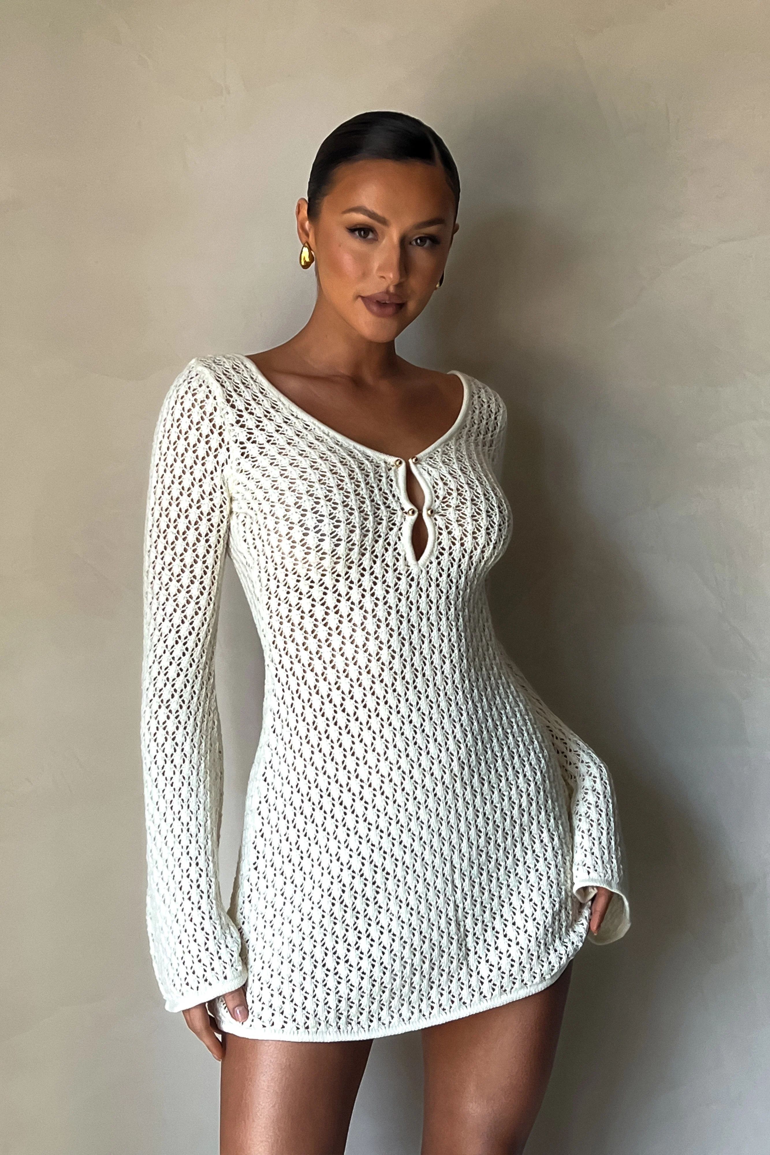 Kayleigh Crochet Knit Mini Dress - White | MESHKI US