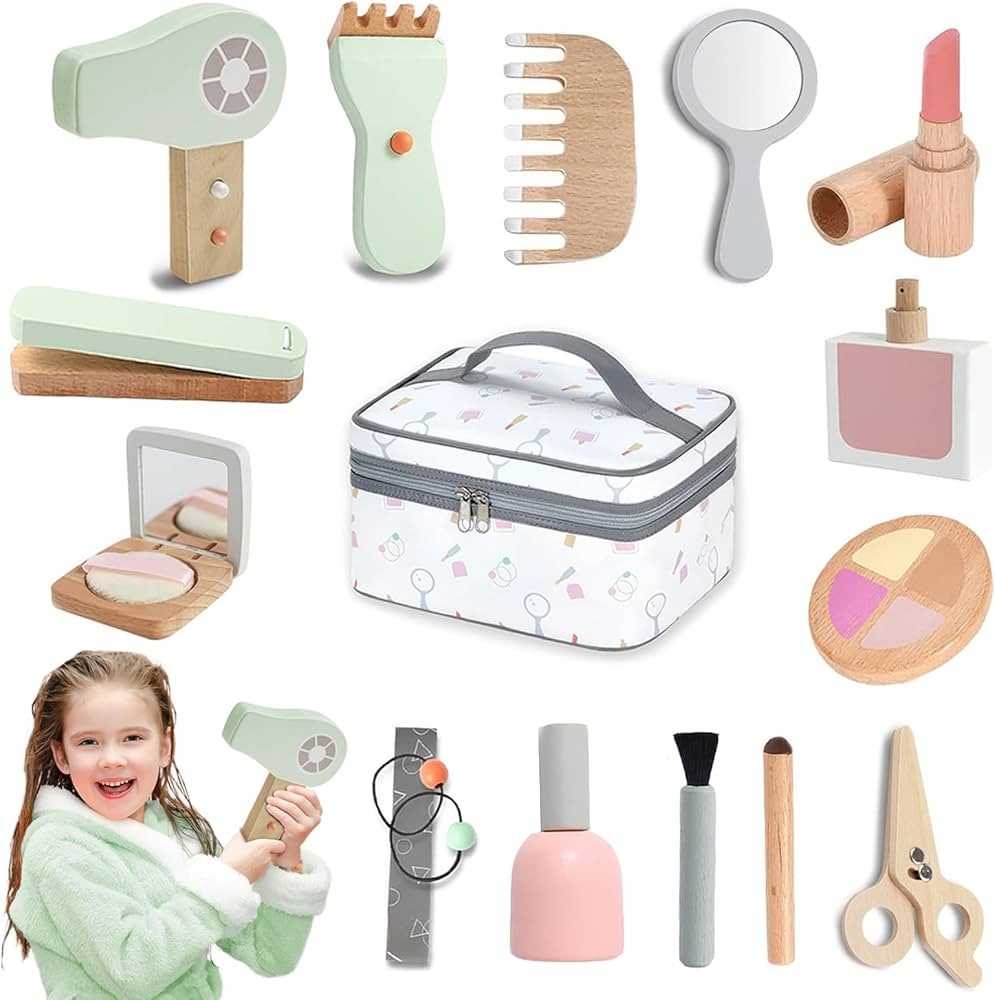 Wooden Makeup Toy Set, Pretend Play Wood Beauty Salon Playset for Girls, Wood Makeup Kit with Cut... | Amazon (US)