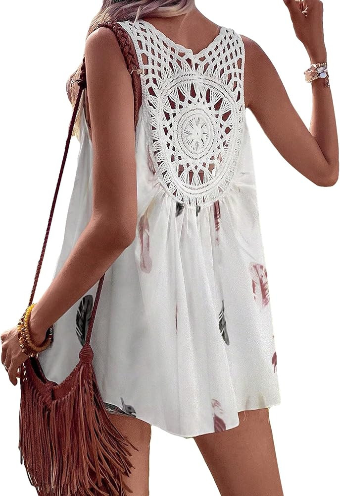 SHENHE Women's V Neck Hollow Out Crochet Back Graphic Sleeveless Boho Blouse Tank Top | Amazon (US)