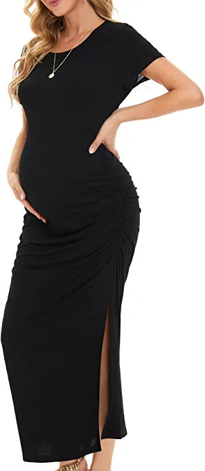 Smallshow Women's Split Long Maternity Dress Short Sleeve Ruched Pregnancy Clothes Medium Army Gr... | Amazon (US)