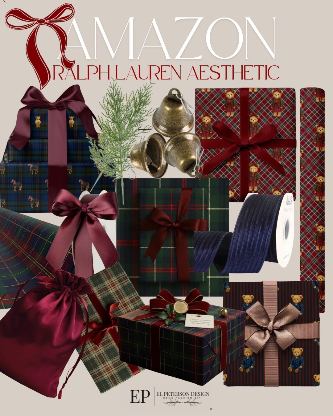 Amazon
Wrapping Paper
Ralph Lauren aesthetic 
Bells
Sprigs
Wrapping paper
Bag
Ribbons 


#LTKFindsUnder50 #LTKFindsUnder100 #LTKHome