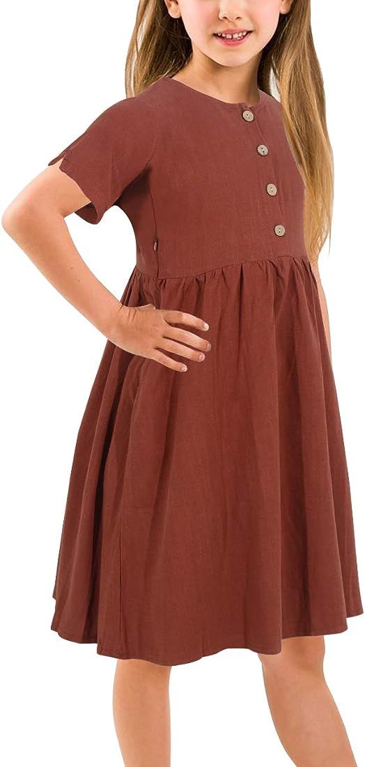 GORLYA Girl's Short Sleeve Button Up Pleated Waist Loose Casual Linen Midi Dress with Pockets for 4- | Amazon (US)