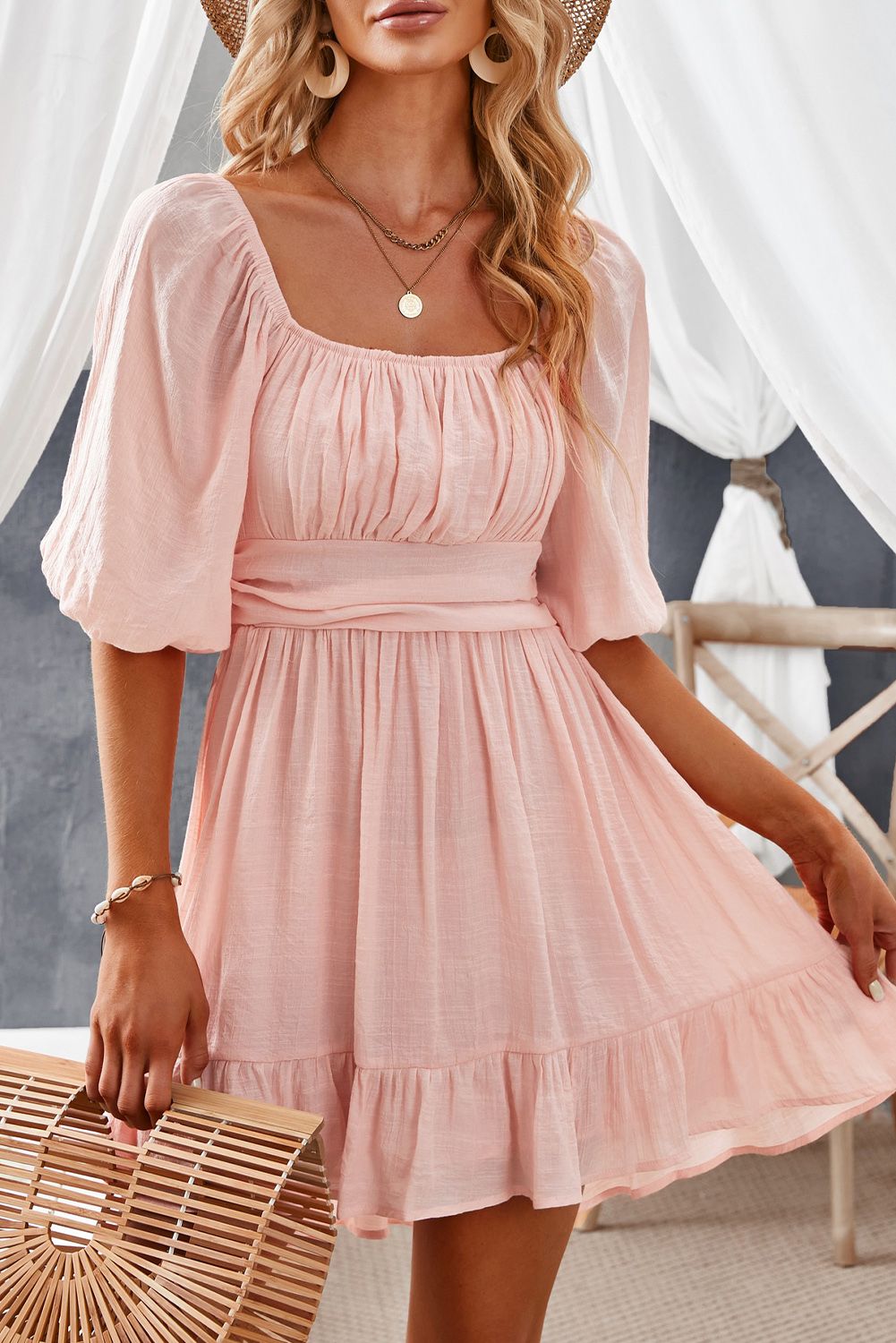 Back Bow Square Neck Ruffle Ruched Pleated High Waist Pink Mini Dress | Shewin