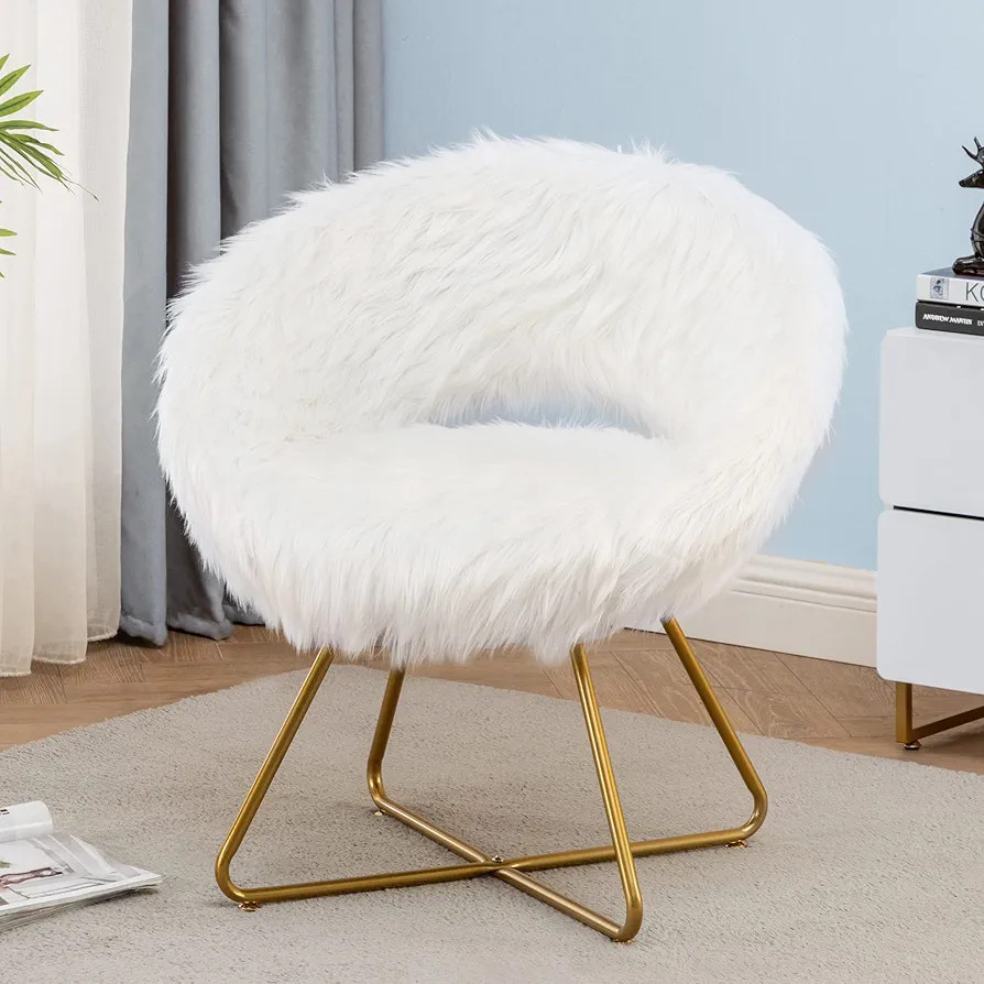 Awonde Round White Faux Fur Accent Chair, Modern Upholstered Swivel Accent Chair for Bedroom Livi... | Amazon (US)