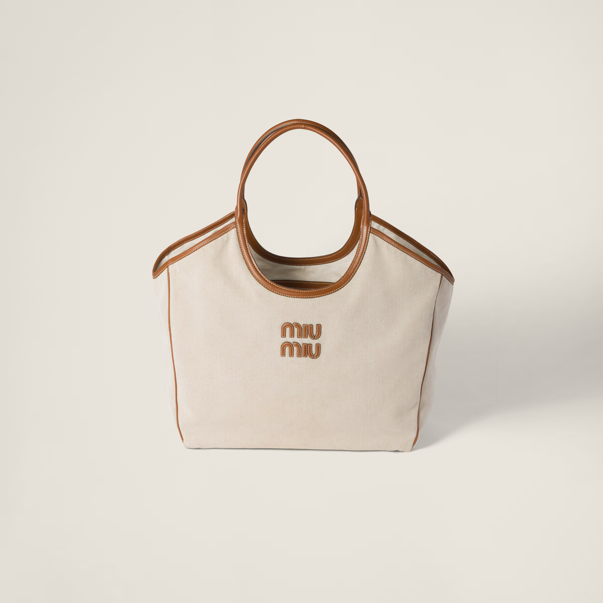 Beige/brandy Ivy Canvas And Leather Tote Bag | Miu Miu | Miu Miu US