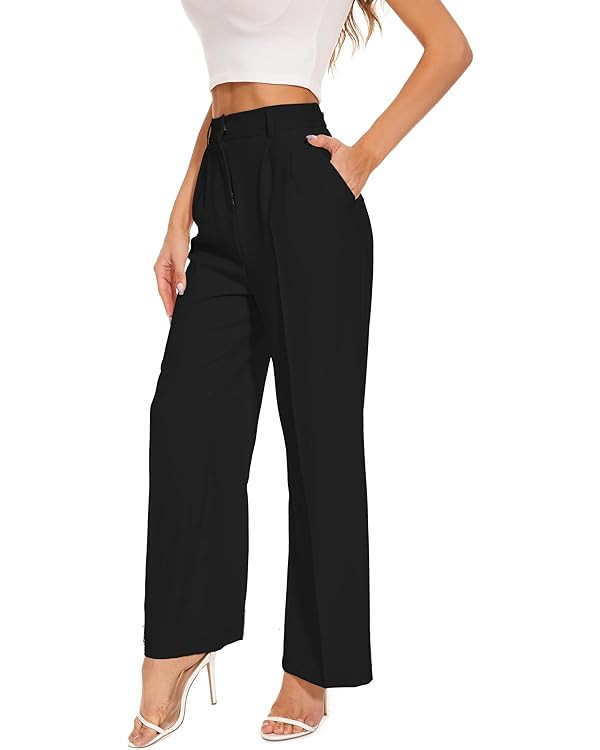 FUNYYZO Wide Leg Pants Women's High Elastic Waisted in The Back Business Work Trousers Long Strai... | Amazon (US)