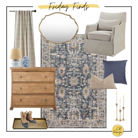 Today’s Friday finds are the perfect makings for the cottage home. Muted blues and greige neutrals keep it cozy but sophisticated. I’m loving this rug paired with the weathered wood dresser and the comfy slip covered chair 