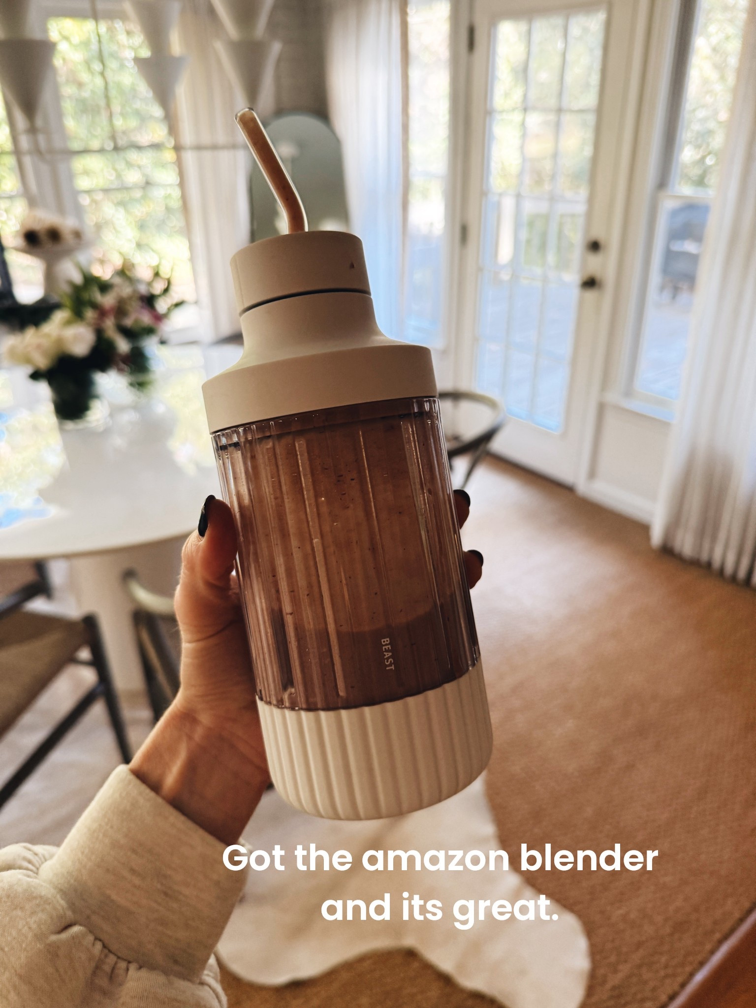 Arrived quick! 

Almond milk
Spinach
Frozen berries 
Scoop of ballerina farm protein powder
Scoop of almond butter 