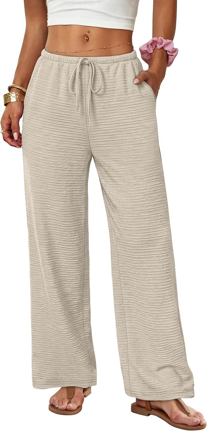 Sampeel Wide Leg Pants for Women Flowy Palazzo Drawstring Elastic Waist Trousers with Pockets Summer Beach Vacation Clothes | Amazon (US)