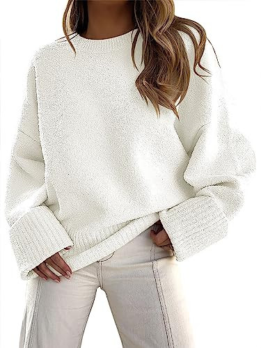 ANRABESS Women's Oversized Crewneck Long Sleeve Fuzzy Knit Casual Chunky Warm 2025 Fall Pullover Sweaters Top Trendy Outfits White Small | Amazon (US)