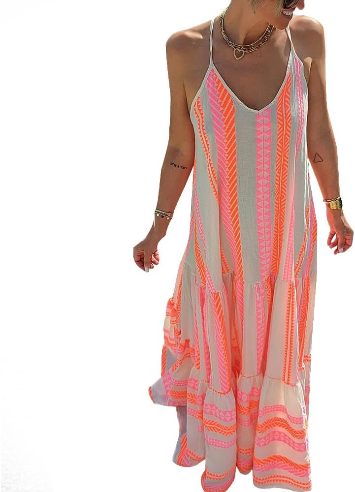 Plus Size Summer Maxi Dress for Women Flowy Spaghetti Strap Dress Sleeveless V Neck Tiered Dress ... | Amazon (US)