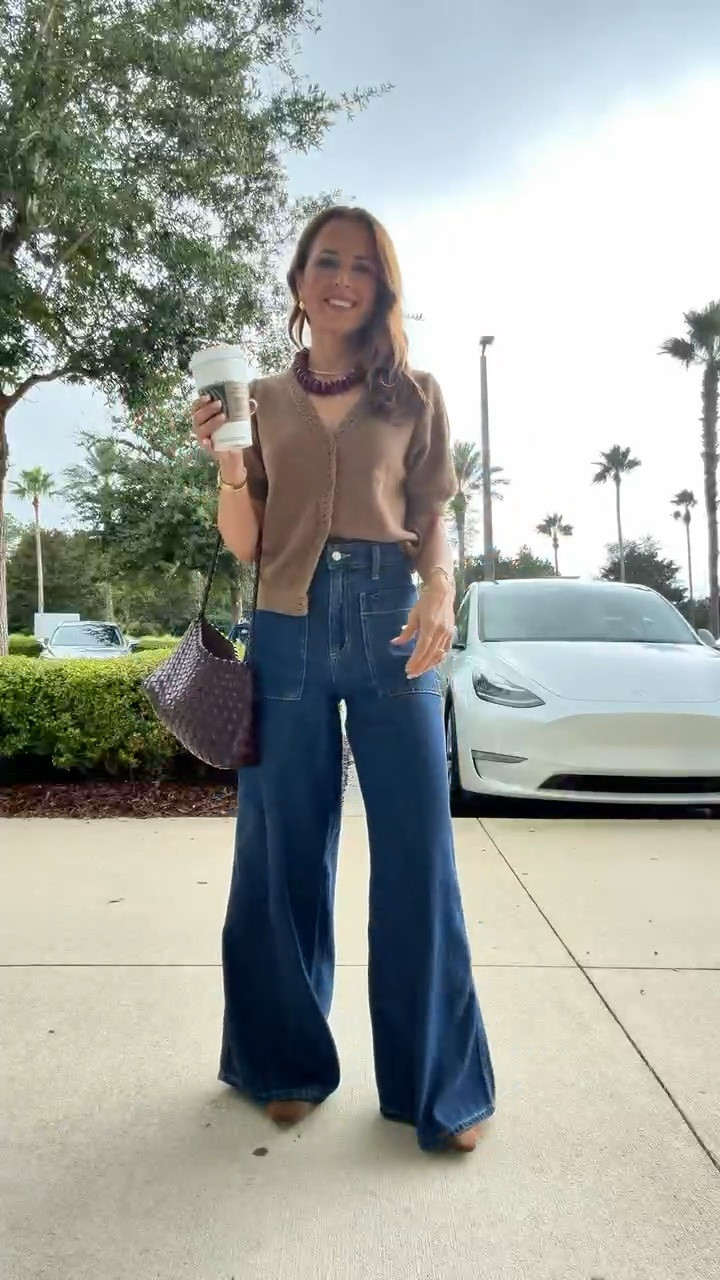 Elevated casual outfit. Everyday outfit. Fall outfit. Fall style. Mom outfit. New at Target! The palazzo style wide-leg jeans that are giving designer vibes! Wearing 00 regular - these are full length on me and I was able to shrink an inch off length in washer/dryer. I am 5’3. I grabbed the lighter wash, too! XS in short-sleeve cardigan. Mules are TTS and super comfy. Beaded necklace. Braided purse.

#LTKootd #LTKgrwm #LTKPetite