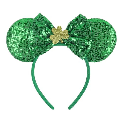 Doneace St. Patrick's Day Mouse Ear Headband with Glitter Bow Cute Green Shamrock Sequin Hairbands Irish Festive Hair Accessories for Women Girls Saint Patrick's Day Costume Parade Party Favors | Amazon (US)