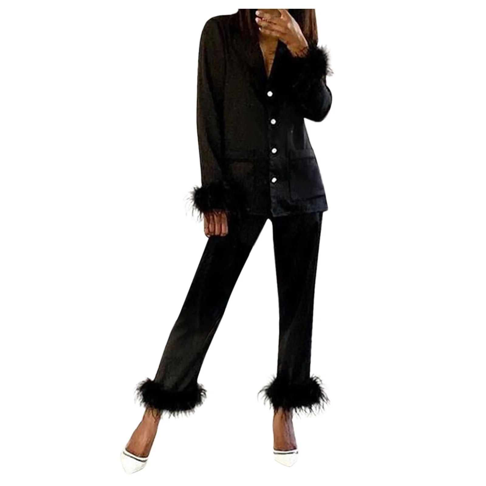 Women Feather Long Sleeve Camis Tops+Long Pants 2 Piece Set Sleepwear | Walmart (US)