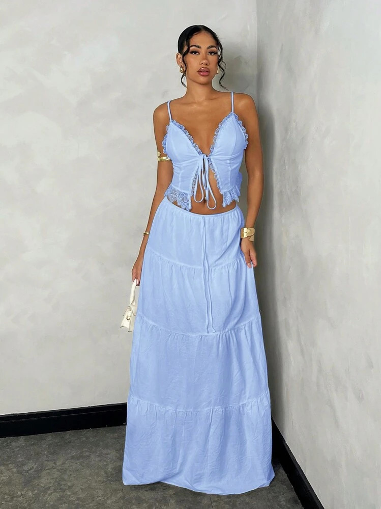 SHEIN BAE Women's Summer Beach Vacation Romantic Date Everyday Wear Sling Lace Splice Tie Top + L... | SHEIN