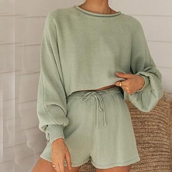 CHMORA Casual Pullover Lantern Sleeve Long Sleeve Solid Color Knit Sweatsuit 2 Piece Short Sweate... | Amazon (UK)