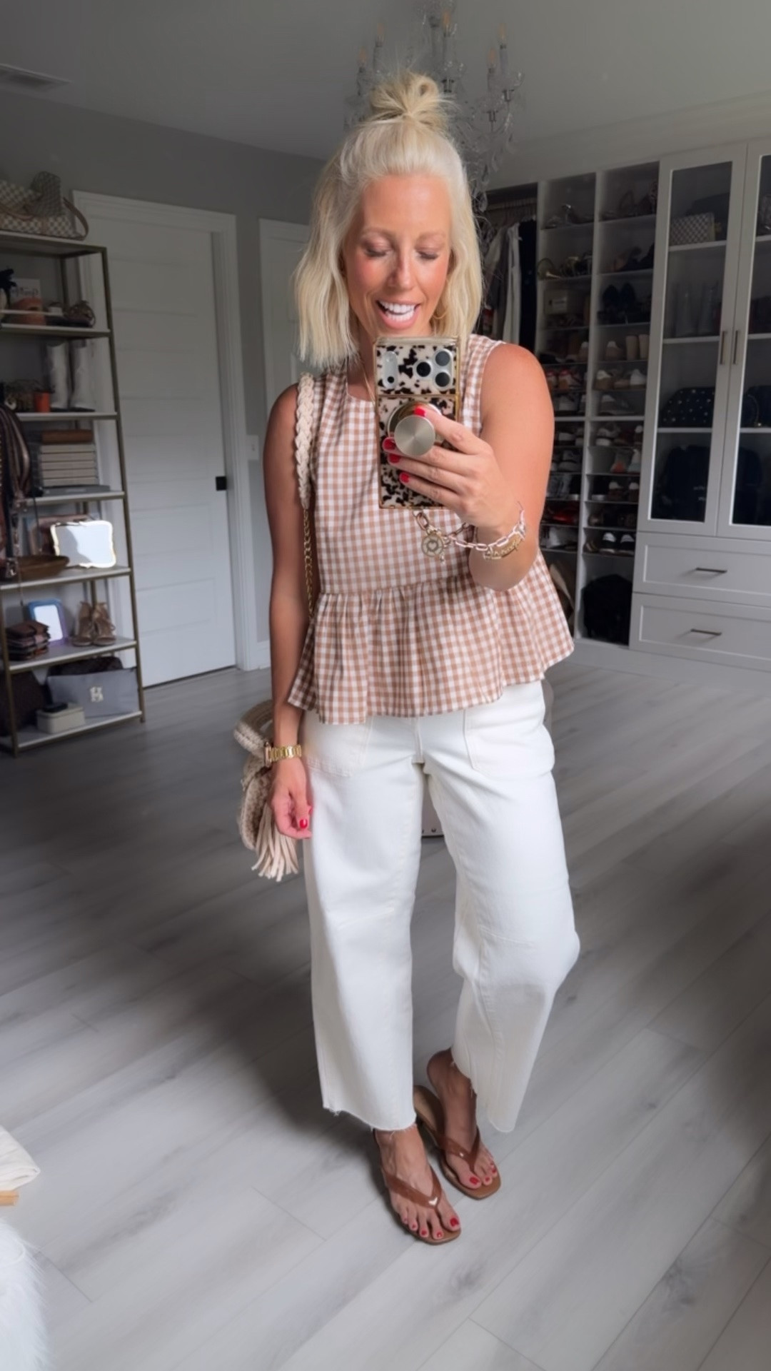 Summer outfit inspo!🤎 Gingham top from Amazon and white jeans. Paired it with this adorable bag from Amazon and jelly sandals! Wearing a medium in top and sized down to a 2 in the jeans.

#LTKgrwm #LTKootd #LTKSeasonal