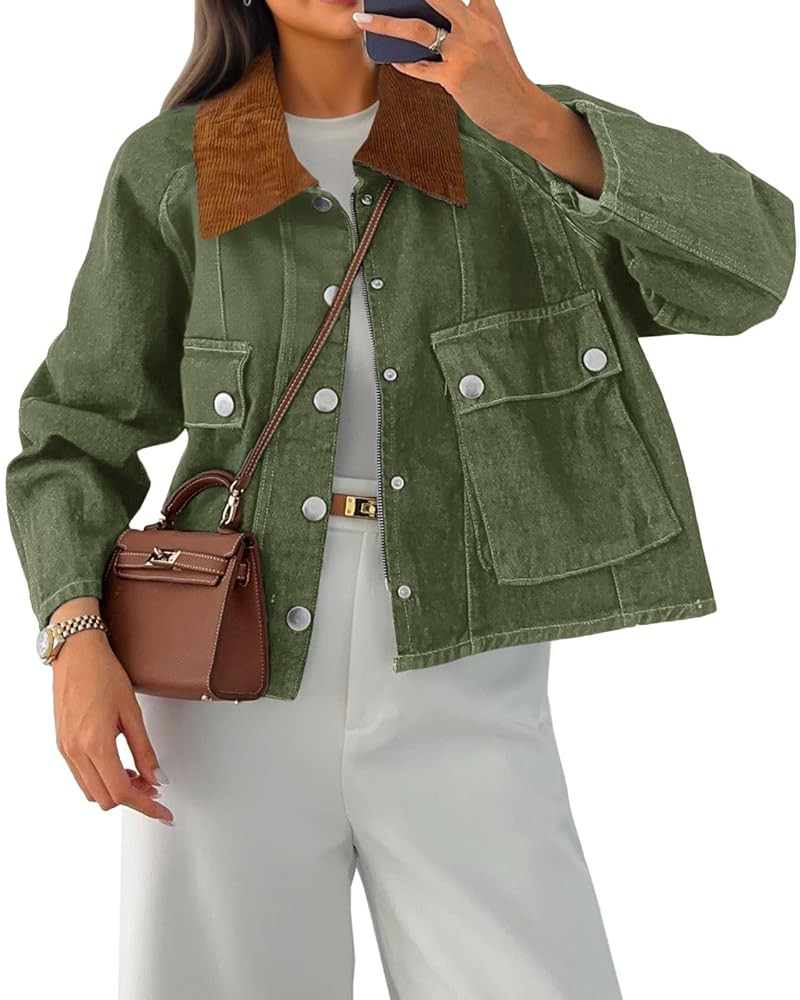 Cicy Bell Womens Cropped Denim Jackets Patchwork Corduroy Collar Barn Jean Jackets Snap Button Co... | Amazon (US)