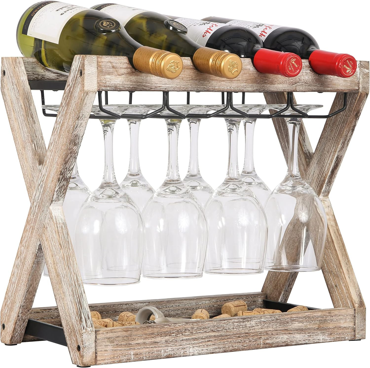 OUROLA Countertop Wine Rack Wine Glass Rack Tabletop Wooden Wine Bottle Holder, Hold 4 Wine Bottles  | Amazon (US)