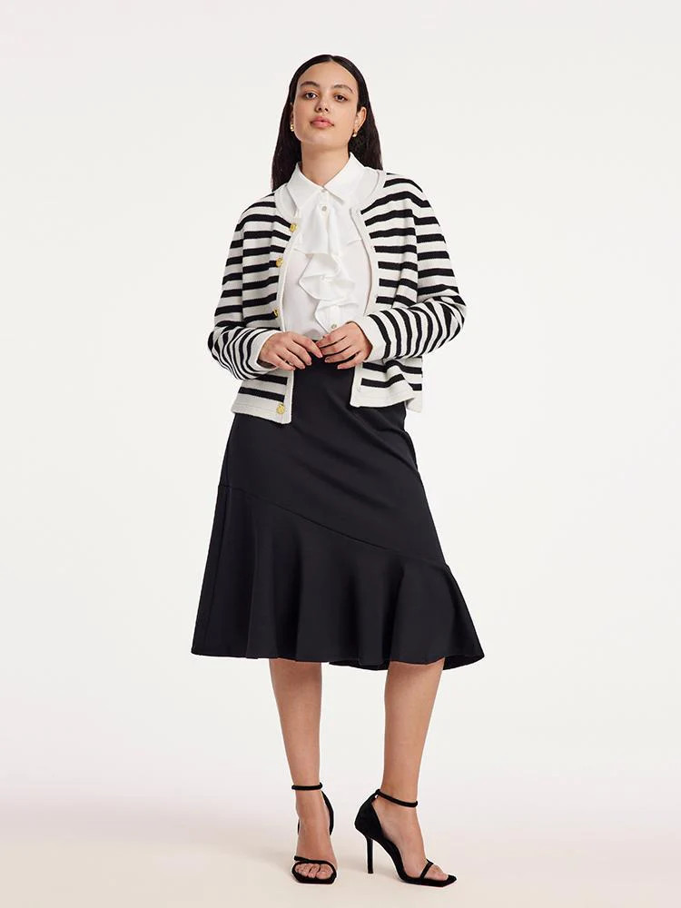 Button Up Woolen Striped Lady Cardigan | GOELIA