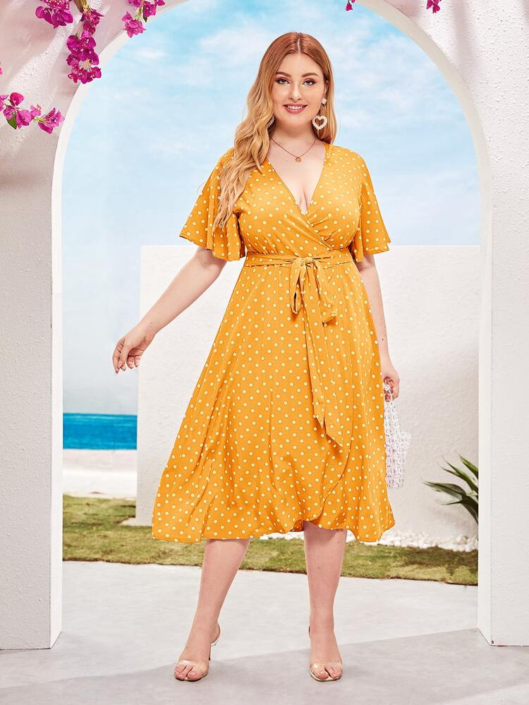 Plus Flutter Sleeve Wrap Belted Polka-dot Dress | SHEIN