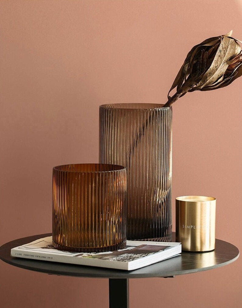 Fluted Cylindrical Glass Vase | Decorative Vase | Smoky Glass | Amber Glass | Flower Vase | Minim... | Etsy (US)