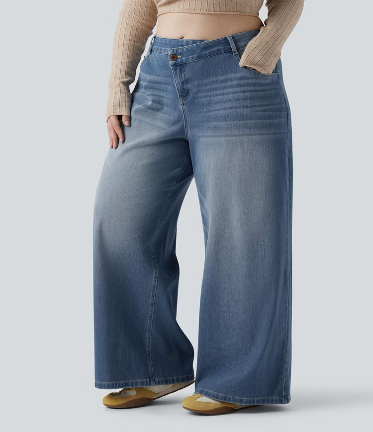 Women’s Plus Size Halara Flex™ Asymmetric Low Rise Wide Leg Washed Casual Jeans with Pockets ... | HALARA
