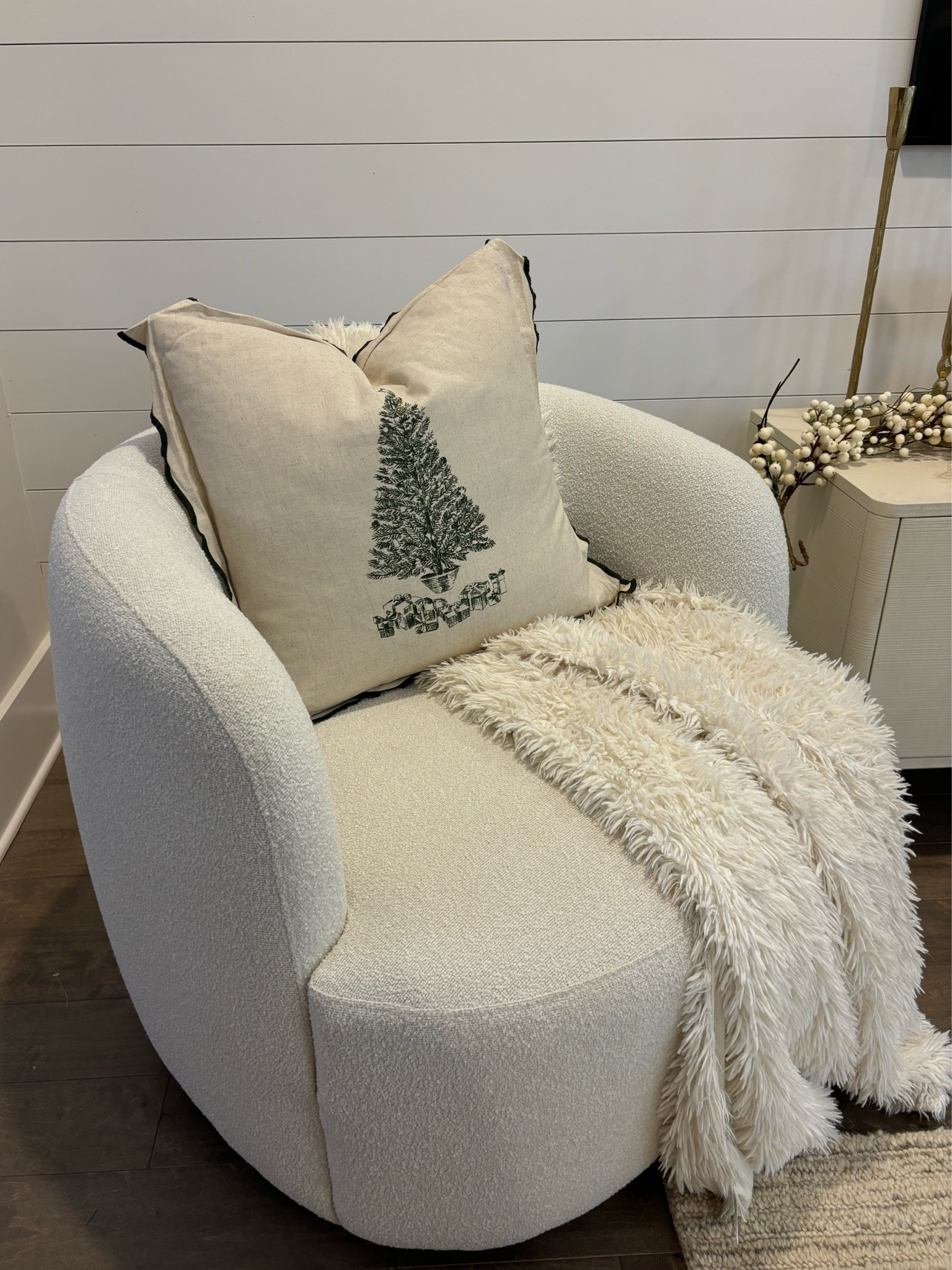 White boucle living room chairs & Target Christmas tree throw pillow! 

#LTKHome #LTKHoliday