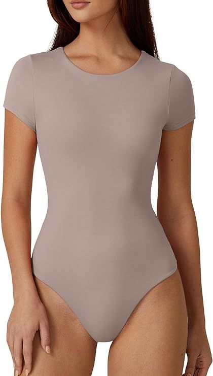 QINSEN Women's Crew Neck Short Sleeve Bodysuit Double Lined Body Suits Basic T-shirt Tops | Amazon (US)