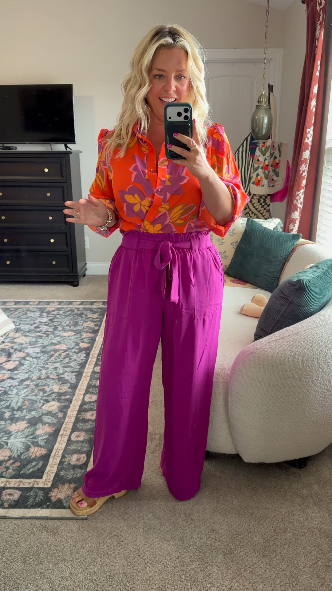 No shorts summer! These flowy pants can be dressed up for the office with this fun blouse or down with a casual tank! Wearing my true size large in both!

#LTKPetite #LTKMidsize #LTKOver40