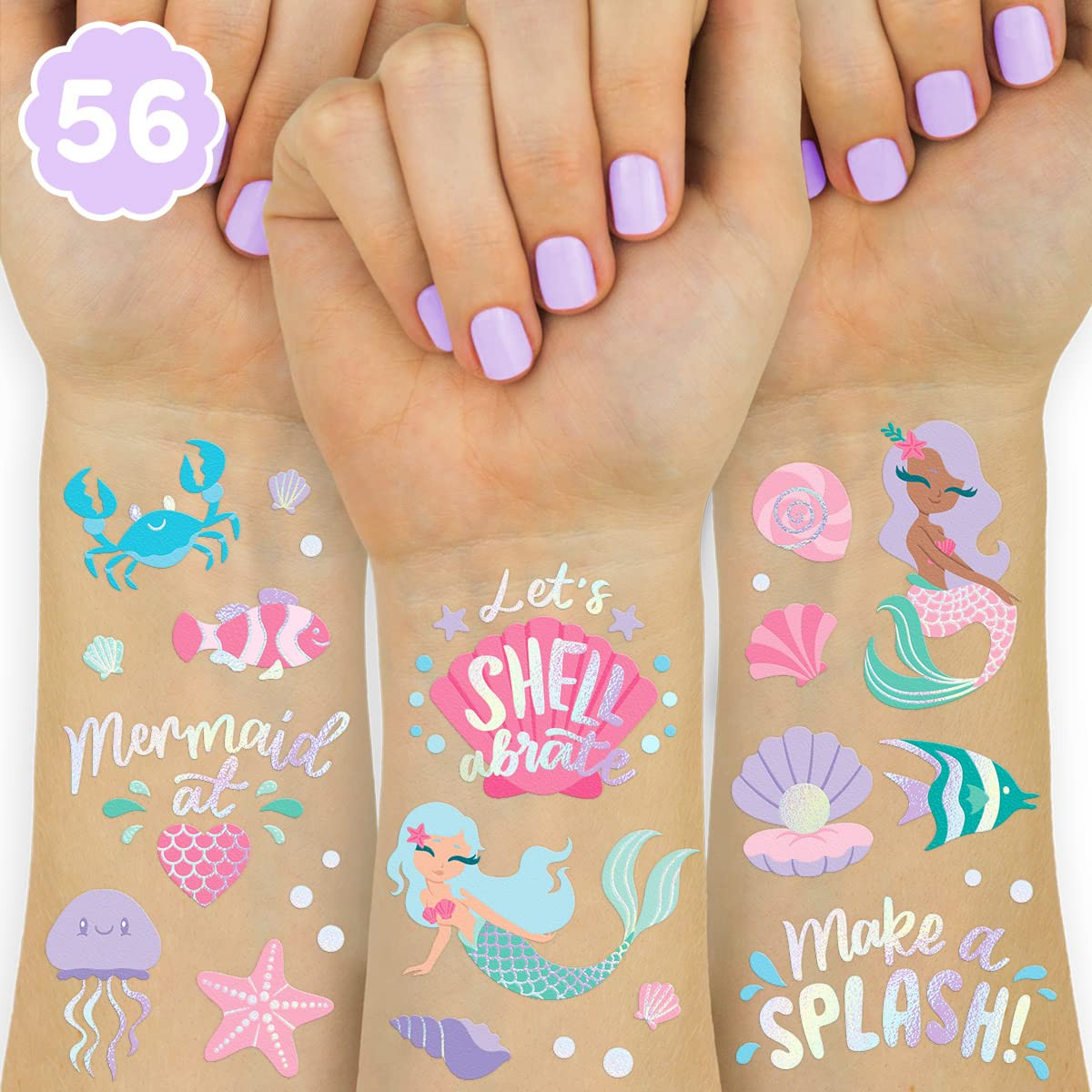 xo, Fetti Under The Sea Mermaid Temporary Tattoos - 56 Iridescent Foil Styles | Kids Birthday Par... | Amazon (US)