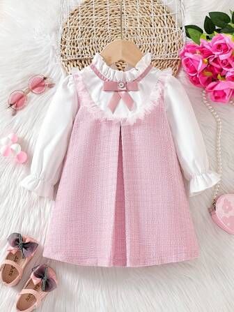 Baby Girls' Elegant Color Block Bowknot Decor Dress | SHEIN