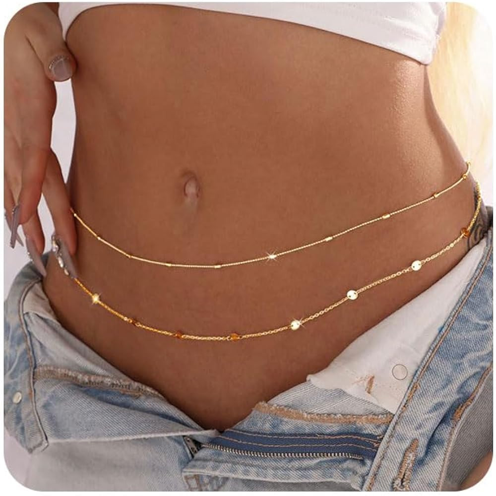 Body Chains for Women,14K Gold Dainty Boho Layered Beach Waist Chain Adjustable Bikini Belly Chai... | Amazon (US)