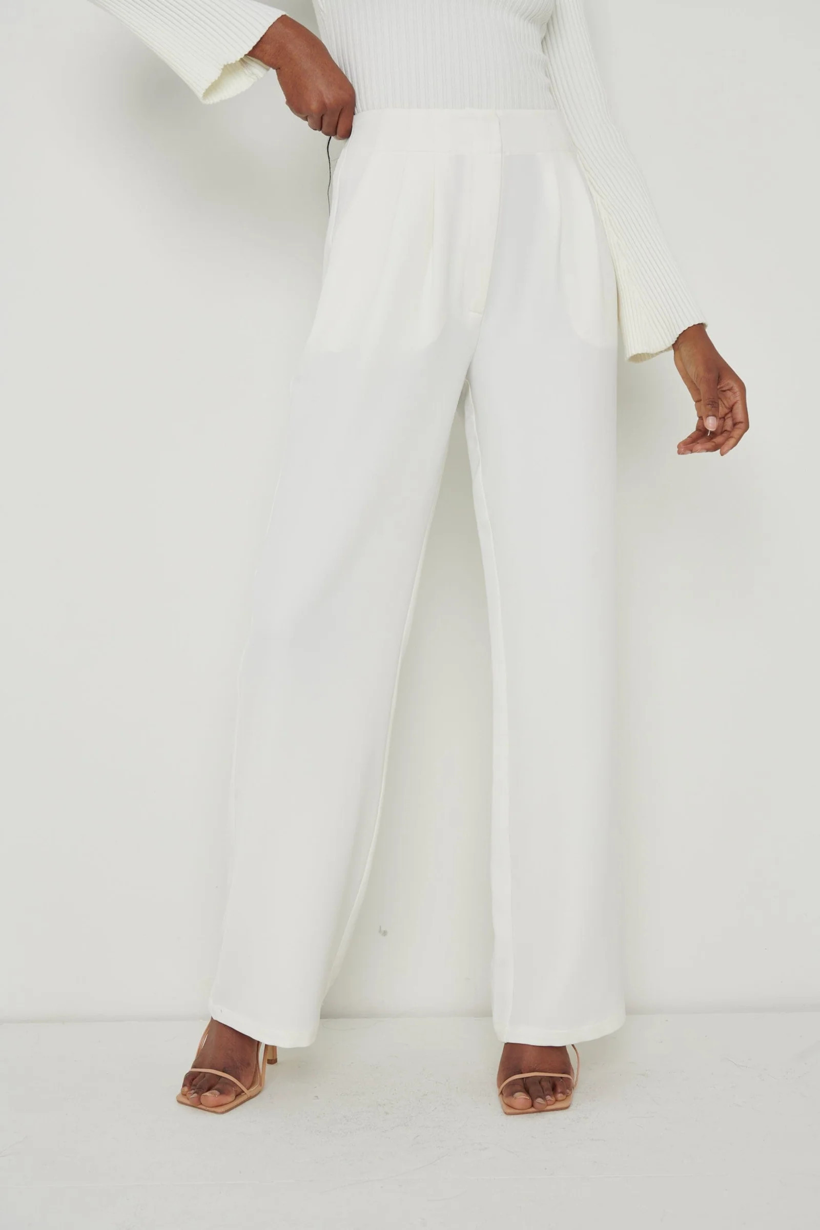 Parker High Waisted Box Pleat Trouser - Cream | Pretty Lavish (UK)