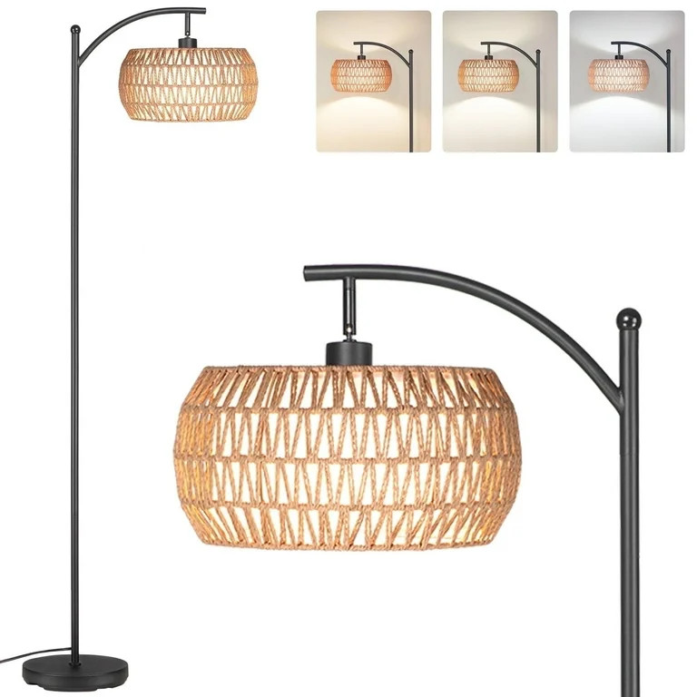 SUNMORY 63'' Dimmable Arc Rattan Floor Lamp, Black Standing Lamp with Rattan & Fabric Double Drum... | Walmart (US)